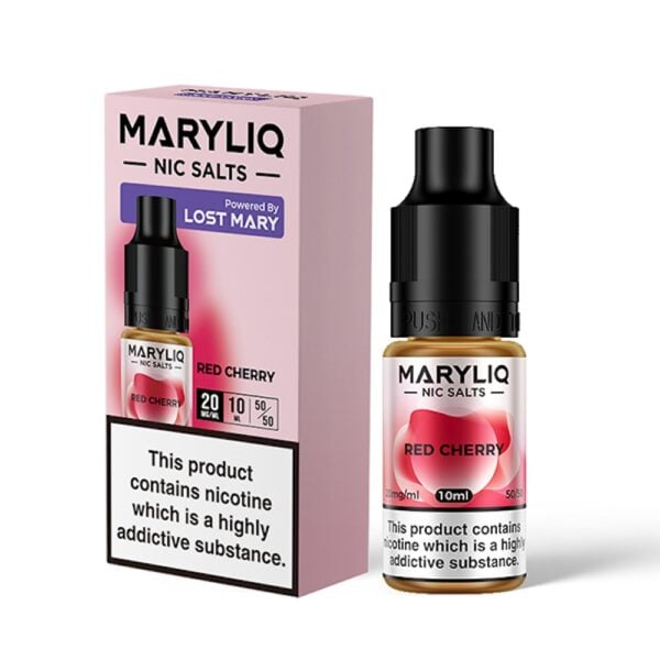 A bottle of MaryLiq Red Cherry E Liquid with the outer packaging