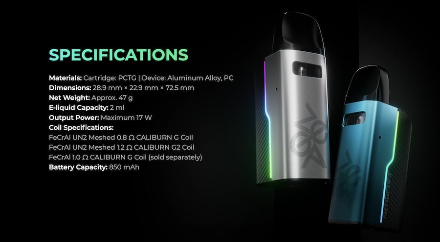Uwell Caliburn GZ2 Pod System Specifications
